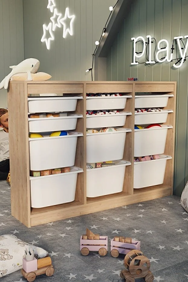 12 Sepetli Dolap Çok Amaçlı Dolap Oyuncak Dolabı Lara Safir Meşe